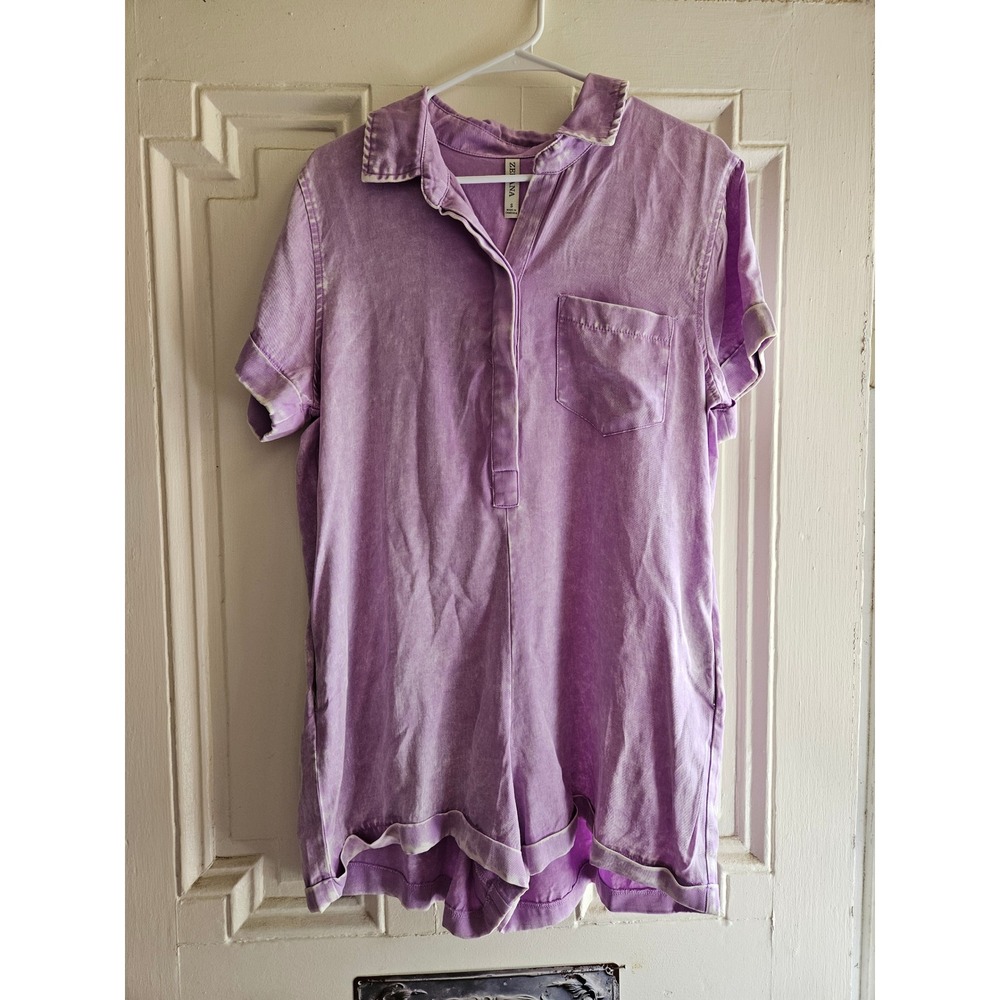 Zenana Purple Tencel Mineral Wash Romper Short Sleeve Henley DPW-7273Y Small